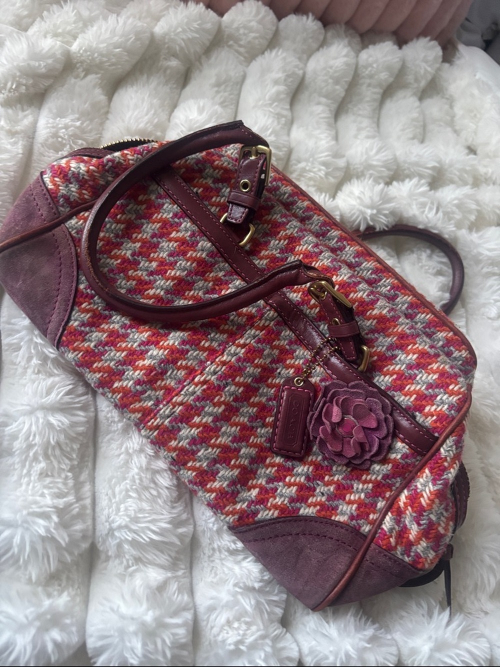 Coach Multicolor Pink Tweed Tote with Floral Charm